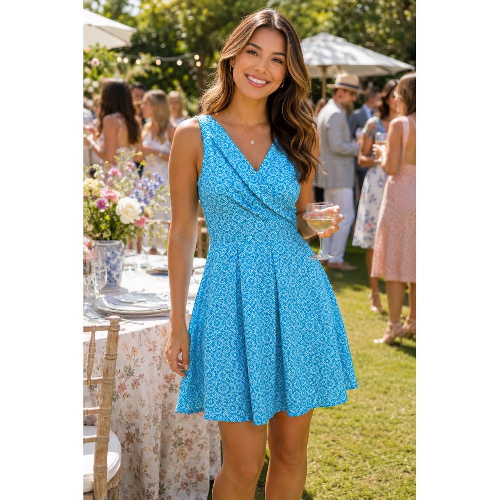 Lands' End Cotton Blue Geometric Print Faux Wrap Fit Flare Dress Womens XS 2-4